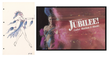 A costume sketch by Bob Mackie for dancers in Donn Arden’s Jubilee! (sho000185) and a photo of a Jubilee! performer on a promotional postcard. (ent000755)