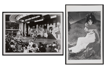 Two photos - on the left, dancers perform scenes from Donn Arden's staged production the "Lido." On the right, a portrait of Felicia Atkins, one of the most famous celebrity showgirls.  