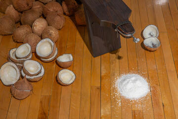pile of coconuts and white powder on floor