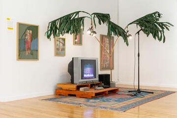 art piece that includes TV, tree, framed artwork