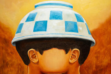 artwork of two faces joined together with a blue and white bowl on their head