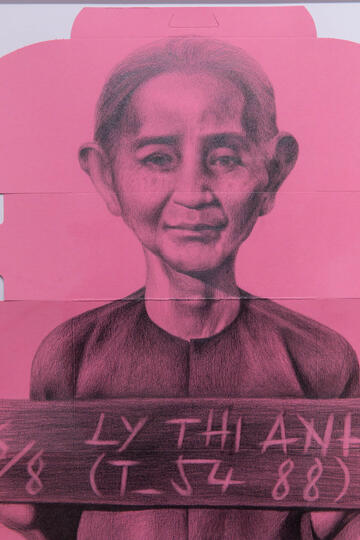 pink and black artwork featuring an elderly individual