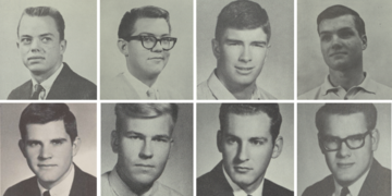 collage of 8 archival images of young men from 1965 yearbook photos