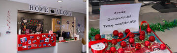 collage of 2 images showing office holiday decor
