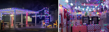 collage of 2 images showing office holiday decor at night