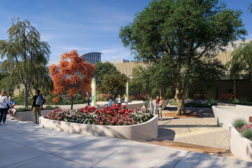 rendering of a garden and walkway with large trees 
