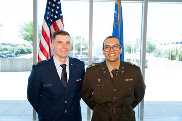 Captain Nicholas Burpee and Captain Irwin Munoz during the medical school's inaugural Military Commissioning Ceremony