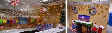 collage of 2 images showing office holiday decor