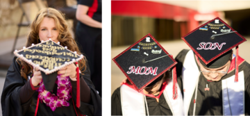 Right: A graduate holds their decorated graduation cap. Left: A mother son duo pose with their heads down to show off their decorated cap celebrating their joint graduation.