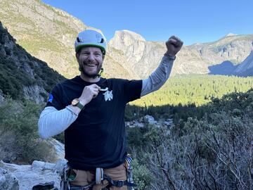 Tony showing off his rib piece during a climbing session
