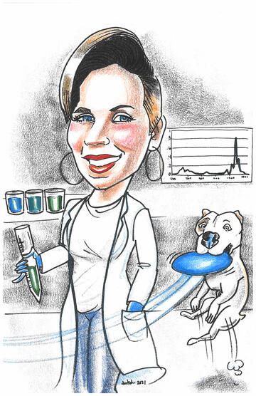 Cassara in white labcoat with white dog catching frisbee