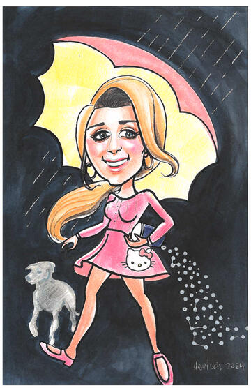 Hannah in pink Hello Kitty dress and umbrella with dog