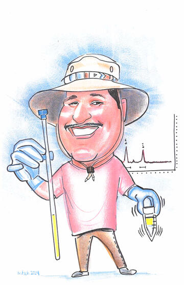 Joel in hat measuring with test tubes