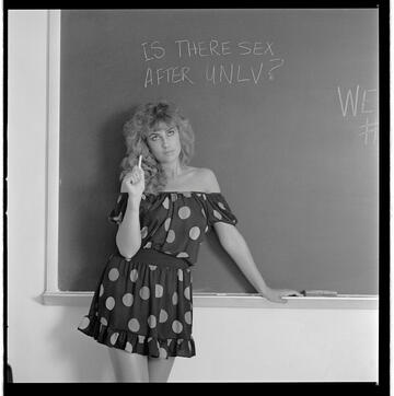 'Sex at UNLV' photoshoot with woman at chalk board