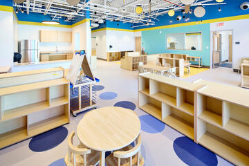 A furnished classroom without curriculum materials in the Marlow Early Childhood Education Campus.