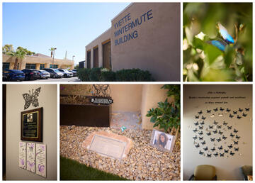 collage of building, butterfly, a butterfly wall, and other mementos of Yvette Wintermute
