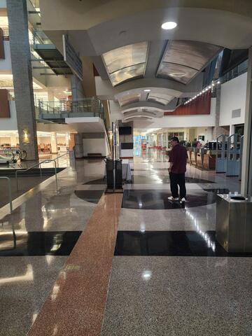 The lobby of the Lied Library with a shiny floor - after the floor has been freshly cleaned and refinished.