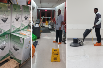 A collage of three photos: boxes of floor stripping chemicals, a man standing by a "Caution Wet Floor" yellow floor sign, and a man pushing a floor cleaning machine. 