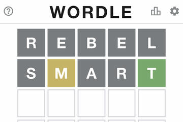 wordle game board with words "REBEL" and "SMART"