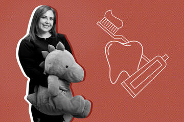 photo illustration with woman holding stuffed animal and dental graphics