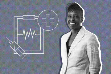 photo illustration of woman standing next to medical graphics