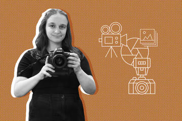 photo illustration of young woman holding a camera next to media graphics