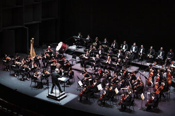 A large orchestra performing on stage