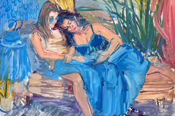 painting of two women leaning on each other on couch