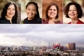 collage of four community engagement award winners and photo of UNLV and the Strip