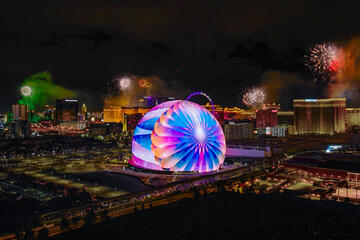 nighttime photo of the Las Vegas Sphere and Strip