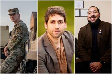 collage of three male alumni including one in army fatigues, one in a suit jacket, and one sitting on desk in office