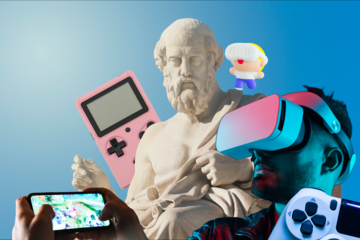 A digital collage of a marble bust of a philosopher and a mix of portable gaming consoles.