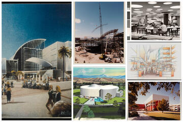 collage of historic illustrations and photos of the UNLV library