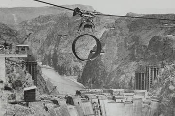 black and white photo of original Hoover Dam construction