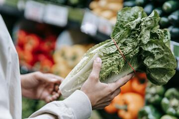 grocery shopper holds lettuce while in vegetable aisle
