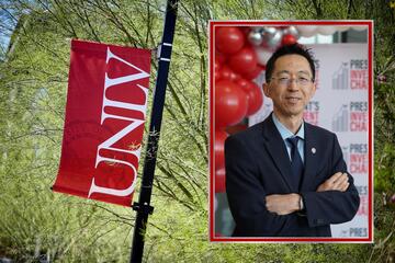 Image of an Asian man wearing glasses and a dark blue suit and tie with light blue dress shirt and UNLV pin on his lapel smiles and crosses his arms while posing in front of red balloons in an image inset within a stock photo depicting a bright green tree with a UNLV-logoed banner attached to a light pole