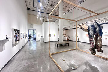 various artworks on display inside a gallery