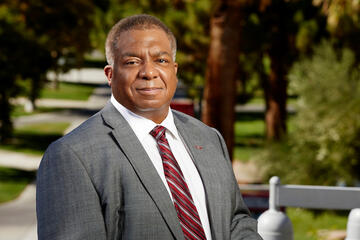 A portrait of UNLV's new president Keith Whitfield on campus.
