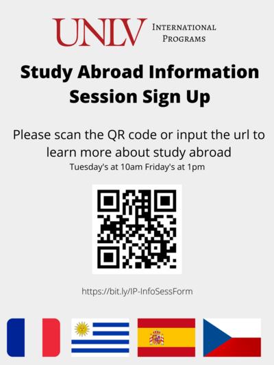 Sign Up form for Info Session including QR code. Call our office at 702-895-3896 to learn more about study abroad.