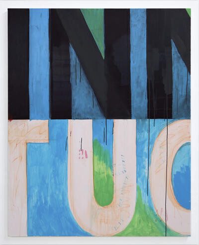A painting rendered with expressive gestural brushwork. The top half of the image is filled with cropped-off letters that might read "INN." The bottom half is full of cropped, partial letters that look like "TU" followed by a curved shape that could be the start of "C" or "O."