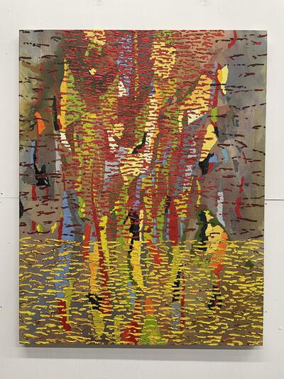 An abstract painting. A marshy greenish background is interrupted by vertical areas of friendly bright color (green, blue, yellow); and these vertical panels are foxed in turn by a haze of horizontal dashes in yellow and red. The mingling of different effects makes the painting lively and ambiguous; it doesn't settle into any specific mode.