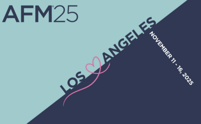 Dark blue text on a split background of light blue and dark blue featuring the words "AFM 25, Los Angeles" and the dates "November 11-16, 2025"