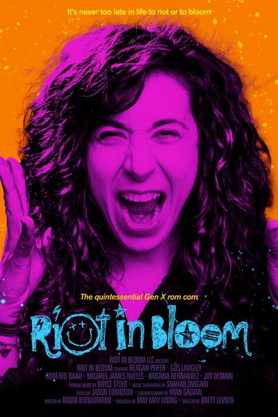 A woman filtered in pink screaming on a neon orange background. The title 'Riot in Bloom' in blue.