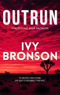 Ivy Bronson's novel, Outrun. Cover Page featuring a darkened desert and a cloudy, red sky.