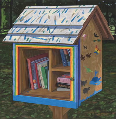 A realistic painting of a free library--a wooden box with a houselike roof and a glass door, filled with books. The free library is installed on a pole in an outdoor setting. We see greenery behind it. The wood around the glass is painted with rainbow stripes; the side is decorated with pictures of whales and dinosaurs.