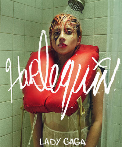 Harlequin Lady Gaga cover art: Harlequin in face paint and a life preserver standing in a green tiled shower getting soaked