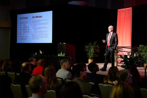 Chris Heavey talking during the UNLV All Hands Meeting