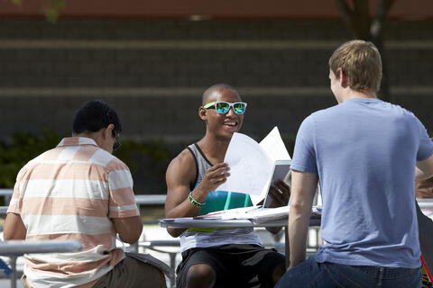 Students studying outside on campus.