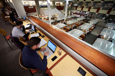 Study desks overlooking the first floor lobby