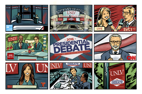 an illustration of televisions around the world tuned to UNLV